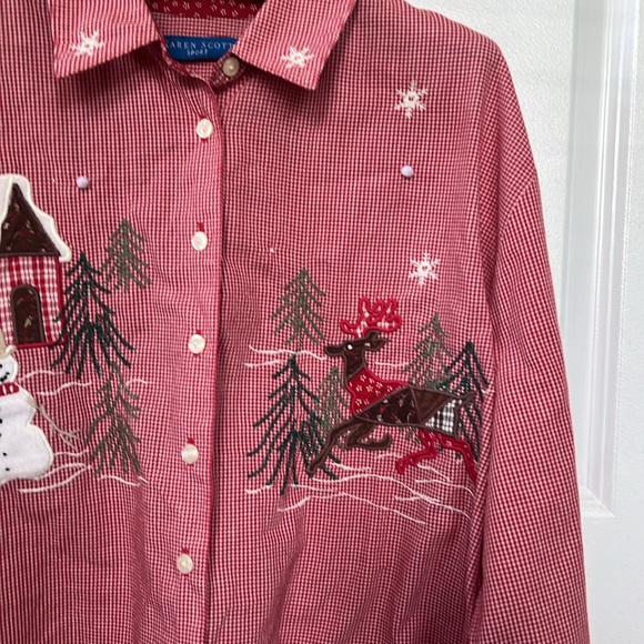 Vtg CHRISTMAS holiday Karen Scott button down shirt top red gingham embroidered - Picture 3 of 7